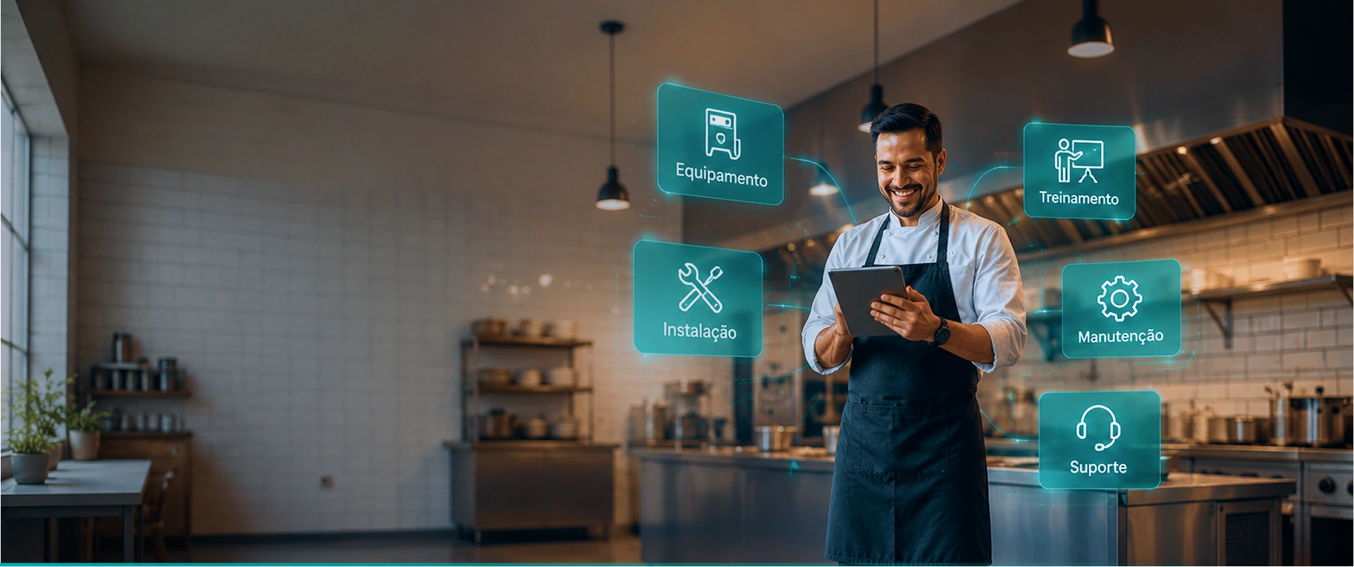 Chef de cozinha industrial utilizando tablet, com os serviços da Assinatura Facilizza em destaque: equipamento, instalação, treinamento, manutenção e suporte