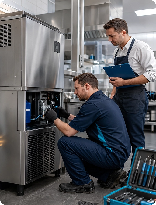 Técnicos Facilizza realizando manutenção em equipamento de cozinha industrial